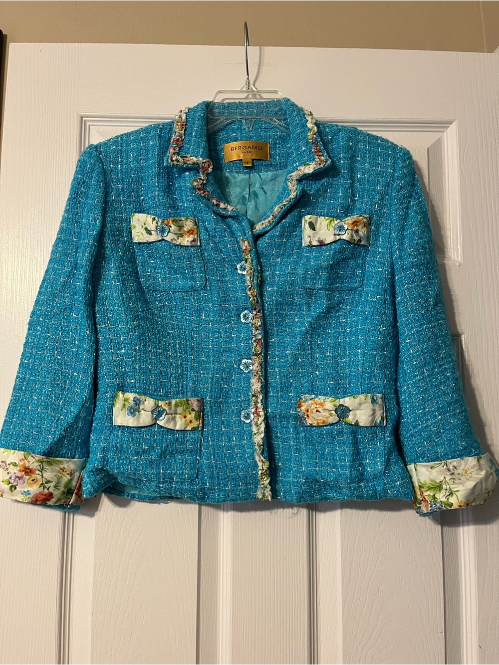 Turquoise Tweed Floral-Trim Jacket vintage Bergamo